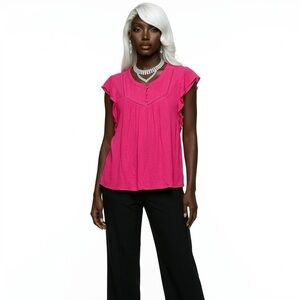 040. Flutter Sleeve V-Neck Blouse in Hot Pink